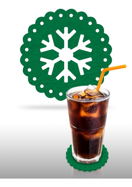 Yılbaşı Temali -5 Dantel Kenar Desenli Yeşil Keçe Bardak Altlığı 6'lı Takım