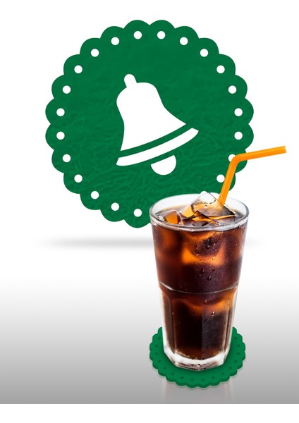 Yılbaşı Temali -6 Dantel Kenar Desenli Yeşil Keçe Bardak Altlığı 6'lı Takım