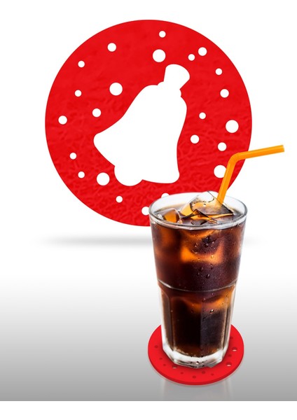 Yılbaşı Temali -3 Desenli Kırmızı Keçe Bardak Altlığı 6'lı Takım