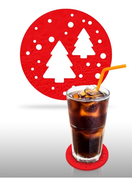 Yılbaşı Temali -6 Desenli Kırmızı Keçe Bardak Altlığı 6'lı Takım