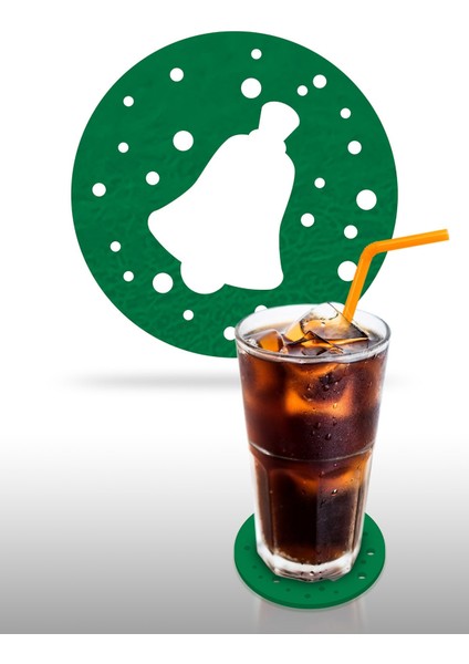 Yılbaşı Temali -3 Desenli Yeşil Keçe Bardak Altlığı 6'lı Takım