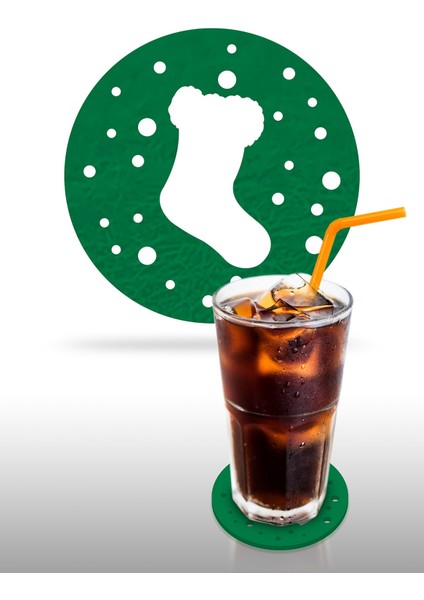 Yılbaşı Temali -4 Desenli Yeşil Keçe Bardak Altlığı 6'lı Takım