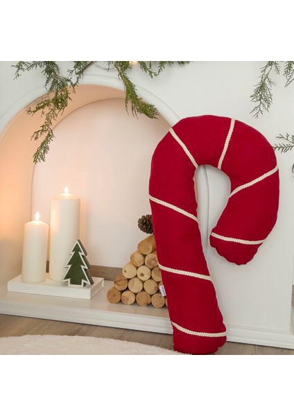 Şeker Tasarımlı Baston Şeker Yılbaşı Yeni Yıl Kırmızı Dekoratif Yastık