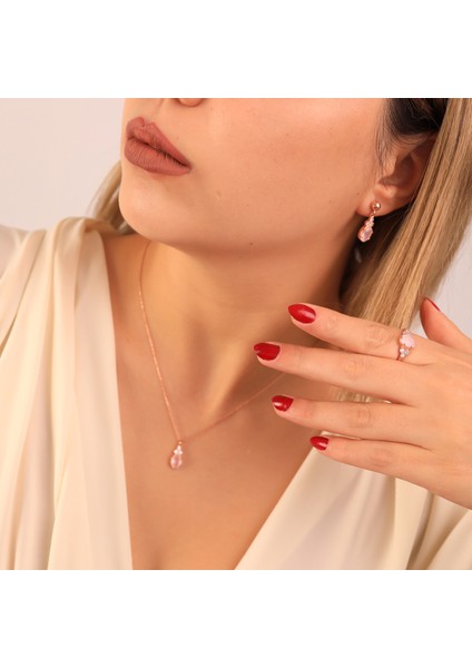 925 Ayar Gümüş Gül Kuvars Taşlı Oval Set fırsatları