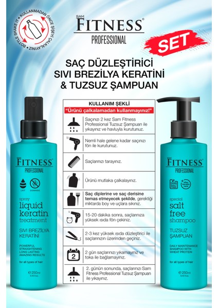 Brezilya Fönü Sıvı Keratin Bakımı Kalıcı Dumansız & Parabensiz Buğday Proteinli Tuzsuz Şampuan Seti