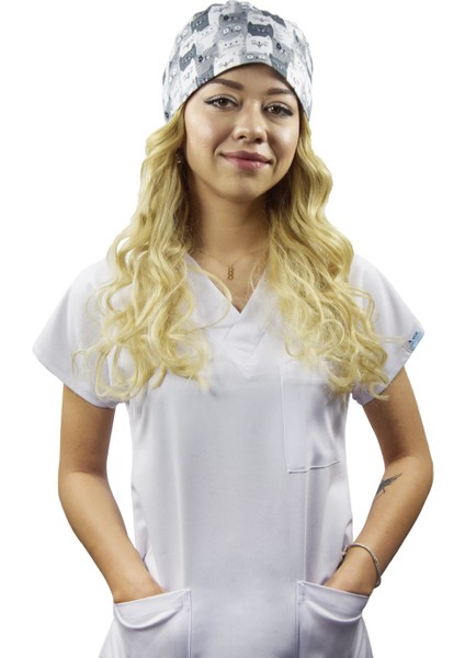 Master Likra Gri Kediler Desenli Doktor Hemşire Veteriner Hastane Medikal Cerrahi Bone