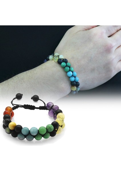 Çift Sıra Makrome Örgülü Küre Kesim Çakra Doğaltaş Kombinli Erkek Başarı Bilekliği