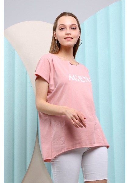 Fancy Kadın Geniş Yaka Baskılı Basic Tişört