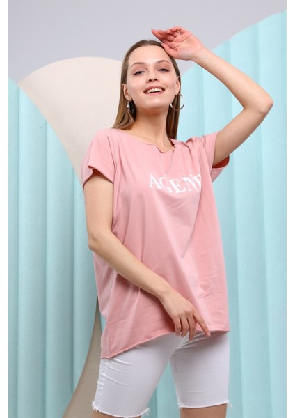 Fancy Kadın Geniş Yaka Baskılı Basic Tişört