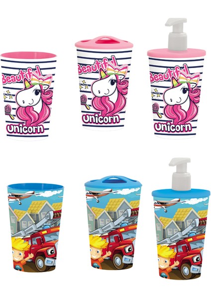 Arslan Ticaret Herevin Desenli Bardak Dişfırçalık Sıvı Sabunluk Banyo Set-Unicorn-Araba 161262-000