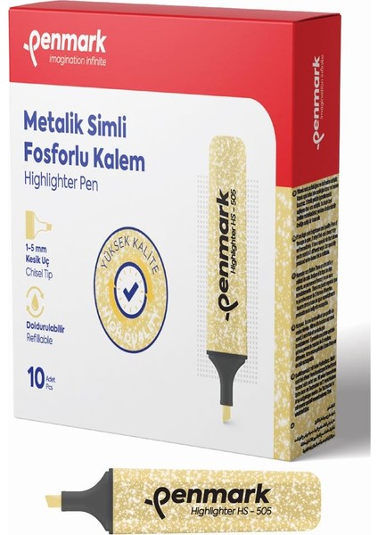 Arslan Ticaret Penmark Fosforlu Kalem Metalik Simli Gold1 Paket 10 Adet