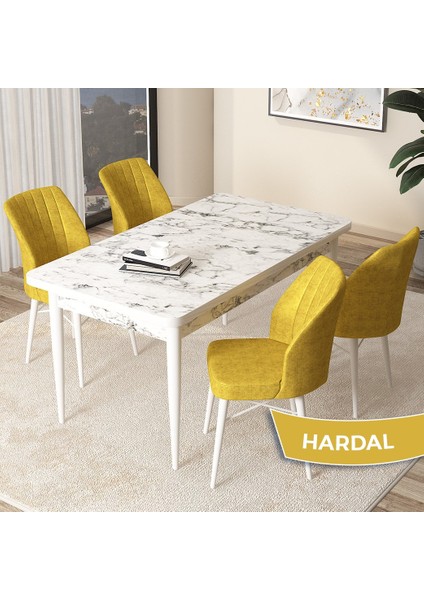 Concept Arp Serisi, Beyaz Mermer Desen Masa 70X110 Sabit Mutfak Masası Takımı, 4 Sandalye