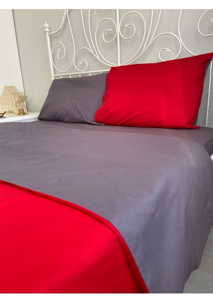 Çift Taraflı Kırmızı-Koyu Gri Renkli Çift Kişilik Yorgan Kılıfı
