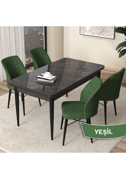 Concept Arp Serisi, Siyah Mermer Desen Masa 71 x 110 cm Sabit Mutfak Masası Takımı, 4 Sandalye