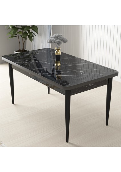 Concept Arp Serisi, Siyah Mermer Desen Masa 71 x 110 cm Sabit Mutfak Masası Takımı, 4 Sandalye