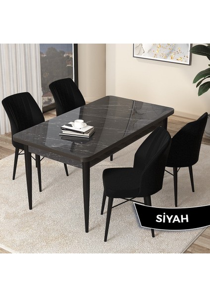 Concept Arp Serisi, Siyah Mermer Desen Masa 71 x 110 cm Sabit Mutfak Masası Takımı, 4 Sandalye