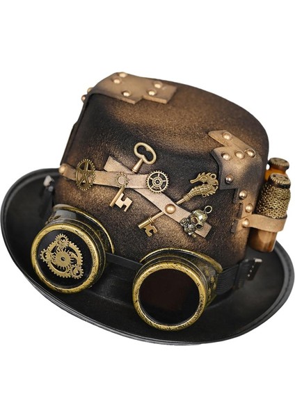 Komik Punk Gotik Dişli Gözlükleri Çiçek Üst Şapka Steampunk Trilby