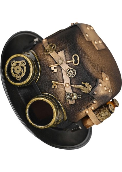 Komik Punk Gotik Dişli Gözlükleri Çiçek Üst Şapka Steampunk Trilby