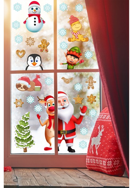 Yılbaşı Figürleri Noel Baba Geyik Penguen Kardan Adam ve Kar Taneleri Dekoratif Sticker