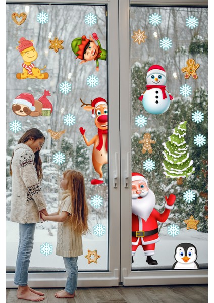 Yılbaşı Figürleri Noel Baba Geyik Penguen Kardan Adam ve Kar Taneleri Dekoratif Sticker modelleri