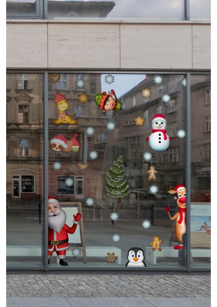 Yılbaşı Figürleri Noel Baba Geyik Penguen Kardan Adam ve Kar Taneleri Dekoratif Sticker fırsatları