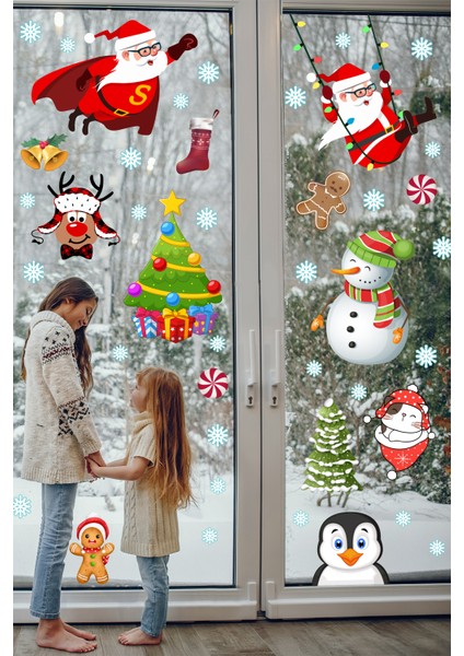 Süper Noel Baba Kardan Adam Kar Taneleri Kış Temalı Pencere Duvar Sticker