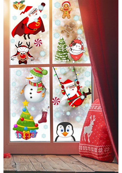 Süper Noel Baba Kardan Adam Kar Taneleri Kış Temalı Pencere Duvar Sticker fiyatları