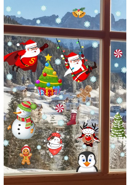 Süper Noel Baba Kardan Adam Kar Taneleri Kış Temalı Pencere Duvar Sticker modelleri