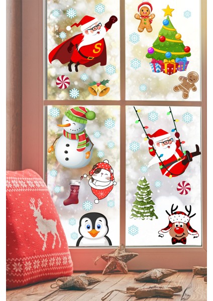 Süper Noel Baba Kardan Adam Kar Taneleri Kış Temalı Pencere Duvar Sticker fırsatları
