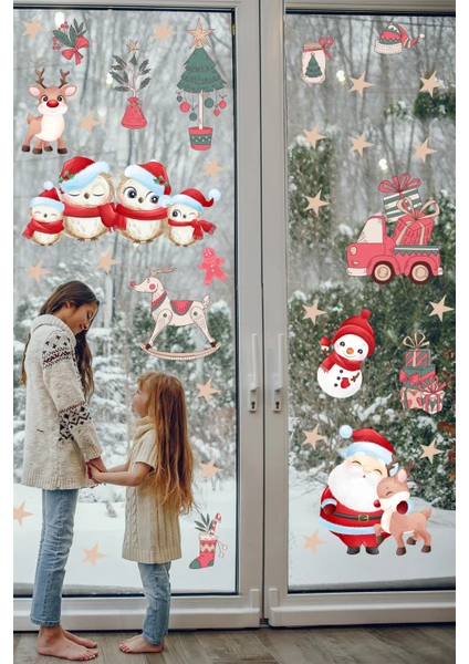 Echo Home Sevimli Kuşlar Noel Baba Yıldızlar ve Yılbaşı Süsleri Sticker Seti