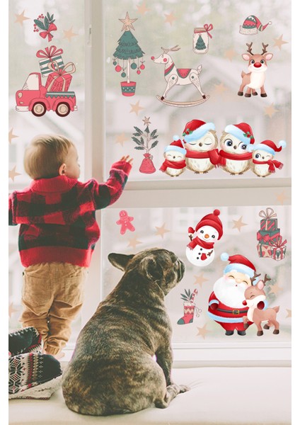 Echo Home Sevimli Kuşlar Noel Baba Yıldızlar ve Yılbaşı Süsleri Sticker Seti