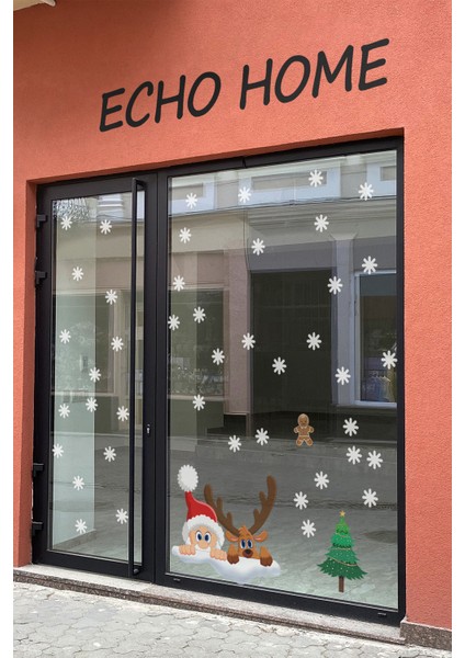 Echo Home Yeni Yıl Sticker Noel Baba ve Geyik Kar Taneleri Yılbaşı Süsü