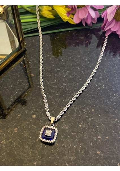 Aksesuarr Çarşısı Aksesuar Çarşısı Italyan Zincir Cam Göz Kare Detaylı Kolye Silver