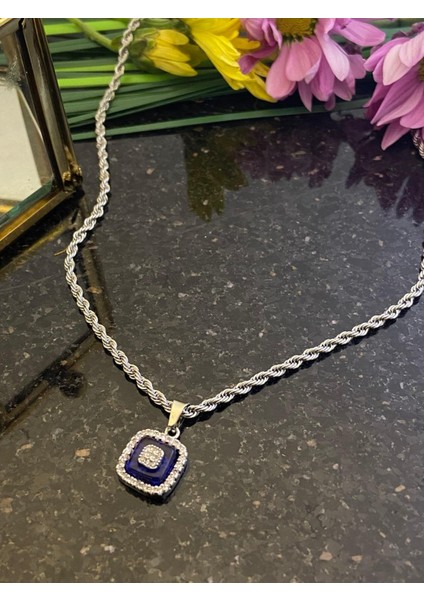 Aksesuarr Çarşısı Aksesuar Çarşısı Italyan Zincir Cam Göz Kare Detaylı Kolye Silver modelleri