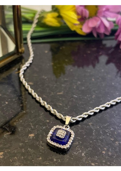 Aksesuarr Çarşısı Aksesuar Çarşısı Italyan Zincir Cam Göz Kare Detaylı Kolye Silver indirimleri