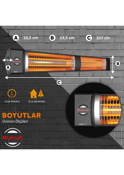 Square 2800 Watt Elektrikli Isıtıcı, IP45, LED Gösterge, Uzaktan Kumandalı Duvar Isıtıcısı