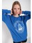 Kadın Sax Mavi Sailing Around Baskılı Bisiklet Yaka Oversize Sweatshirt 1