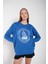 Kadın Sax Mavi Sailing Around Baskılı Bisiklet Yaka Oversize Sweatshirt 2