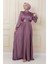 Koyu Lila Omuz Vatkalı Mevlana Saten Tesettür Abiye 2