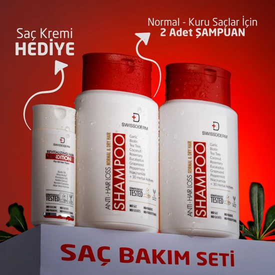 Swissoderm Dökülme Karşıtı Şampuan 2'li Set, Normal & Kuru Saç, Vegan, Saç Dökülmesine Karşı Sülfatsız Tuzsuz 2x300ml