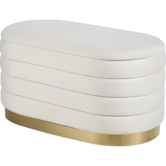 Gazzini Furniture Lungo Long Line Cream Puf 90 cm Gold Kaplama Kapitoneli Luxery Pofuduk Oturma Pufu Bench