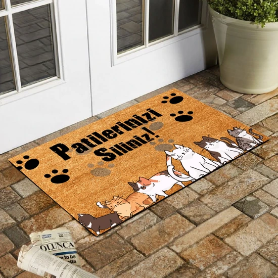 Esnature Kedili Kedi Desenli Patilerinizi Silin Yazılı Kapı Önü Paspası 45X70 cm