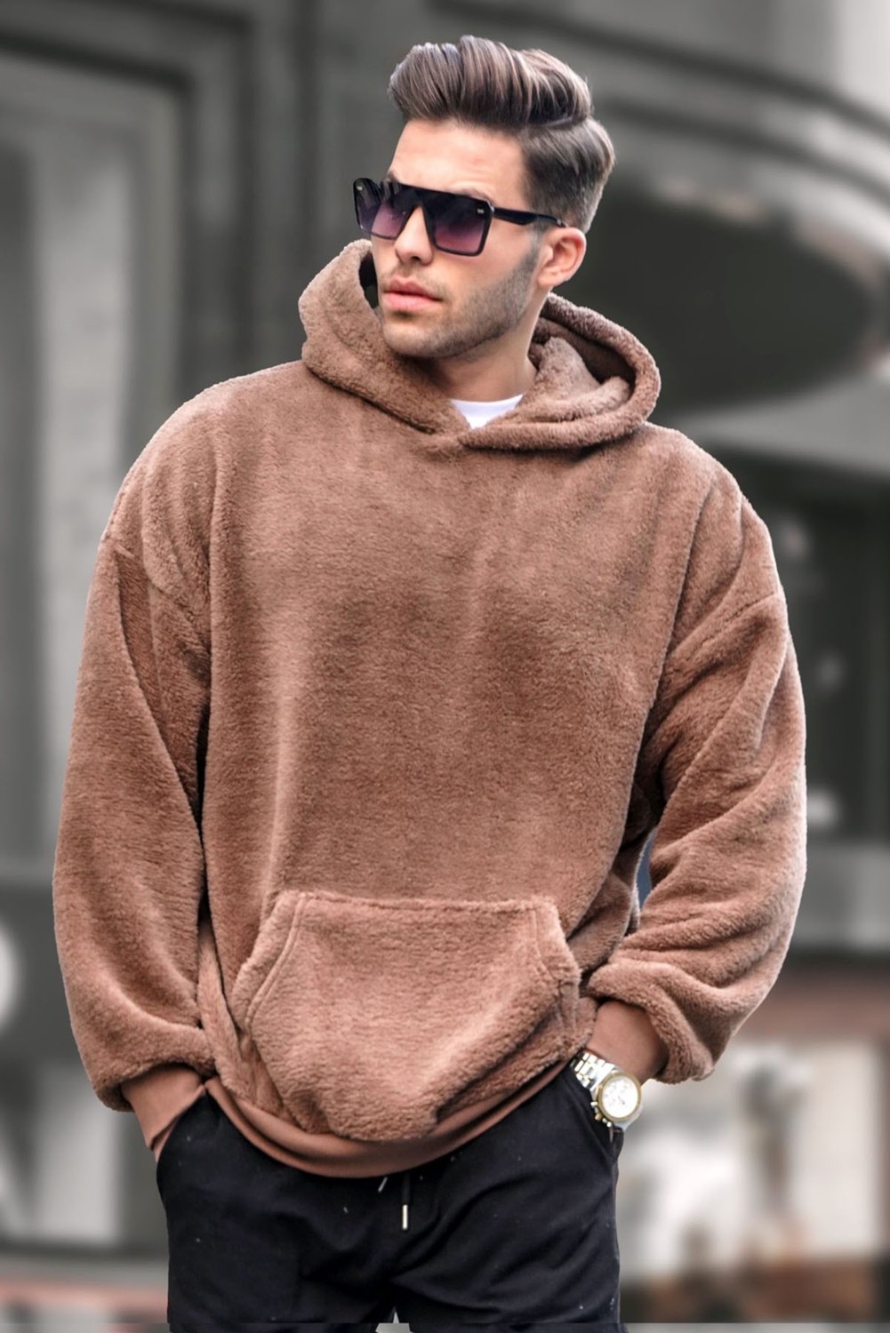Madmext Kahverengi Peluş Kapüşonlu Erkek Sweatshirt 6050