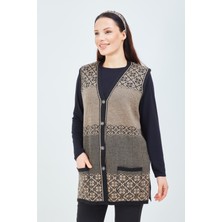 Fresh Moda Kadın Vizon Desenli Triko Düğmeli Cepli Kışlık Anne Yeleği