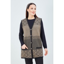Fresh Moda Kadın Vizon Desenli Triko Düğmeli Cepli Kışlık Anne Yeleği