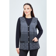 Fresh Moda Kadın Siyah Gri  Desenli Triko Düğmeli Cepli Kışlık Anne Yeleği