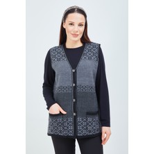 Fresh Moda Kadın Siyah Gri  Desenli Triko Düğmeli Cepli Kışlık Anne Yeleği