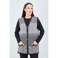 Fresh Moda Kadın Siyah Beyaz  Desenli Triko Düğmeli Cepli Kışlık Anne Yeleği