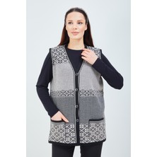 Fresh Moda Kadın Siyah Beyaz  Desenli Triko Düğmeli Cepli Kışlık Anne Yeleği