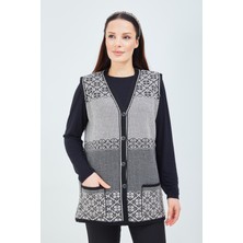 Fresh Moda Kadın Siyah Beyaz  Desenli Triko Düğmeli Cepli Kışlık Anne Yeleği